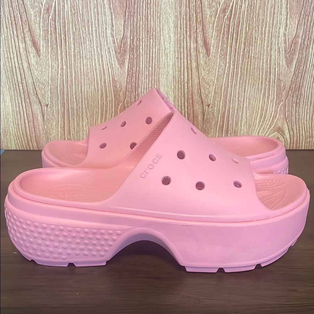New Women’s CROCS Pink Stomp Slide Platform Sandals - Picture 6 of 9
